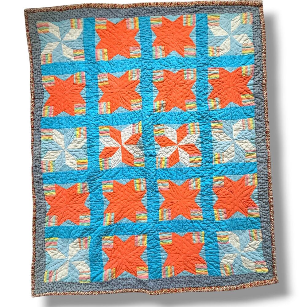 8 Point Star Pinwheel Patchwork Quilt 64x74 Orange Blue Tied Damaged